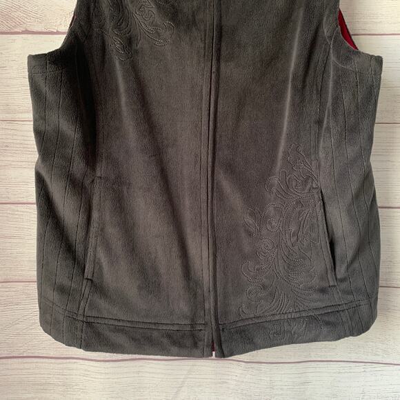 Charcoal Gray and Pink Reversible Zip Up Vest Fleece Embroidered Floral - Picture 7 of 16